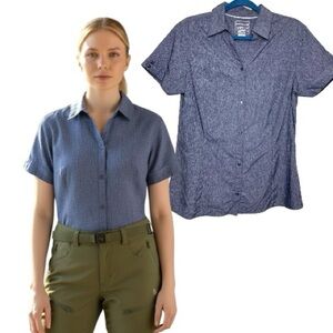 Merrell UPF 30+ Hiking Shirt Blue Quick Dry Sz L Snap Button Short Sleeve Sport